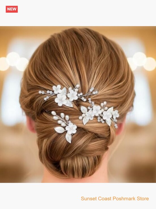 3pk Flower Bridal Hair Pins Pearl Rhinestone Wedding Hair Piece